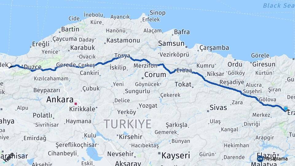 Erzincan Hendek Sakarya Arası Kaç Km - Yol Haritası
