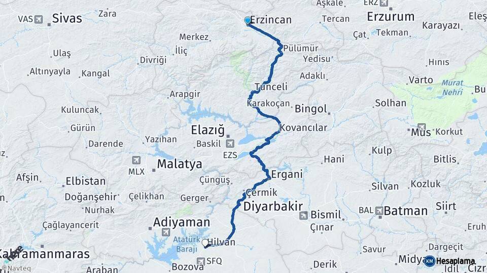 Erzincan Hilvan Şanlıurfa Arası Kaç Km - Yol Haritası