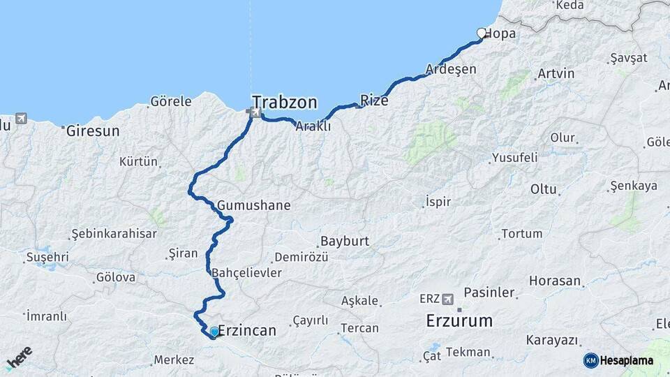 Erzincan Hopa Artvin Arası Kaç Km - Yol Haritası