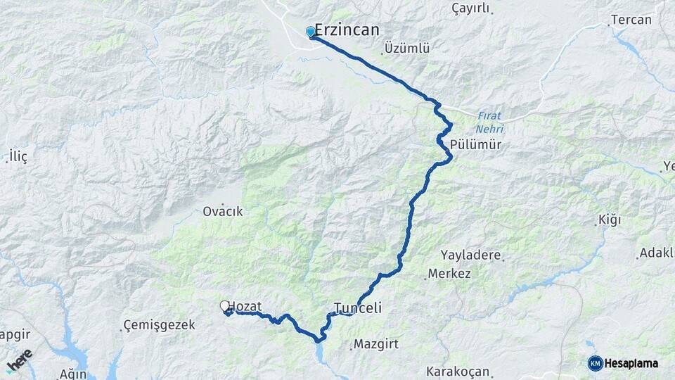 Erzincan Hozat Tunceli Arası Kaç Km - Yol Haritası