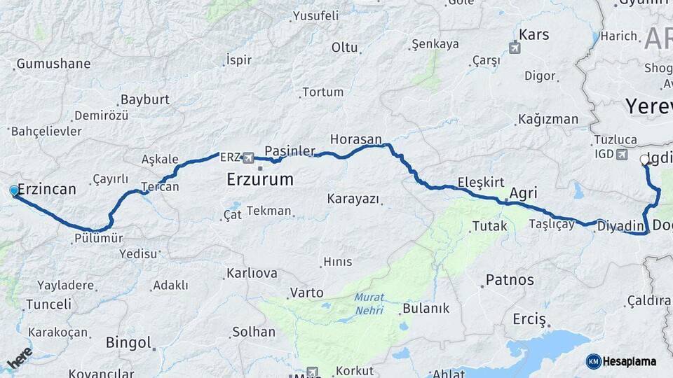 Erzincan Iğdır Arası Kaç Km - Yol Haritası