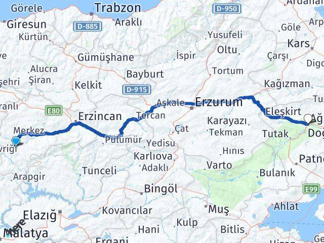 Erzincan İliç Ağrı Arası Kaç Km - Yol Haritası