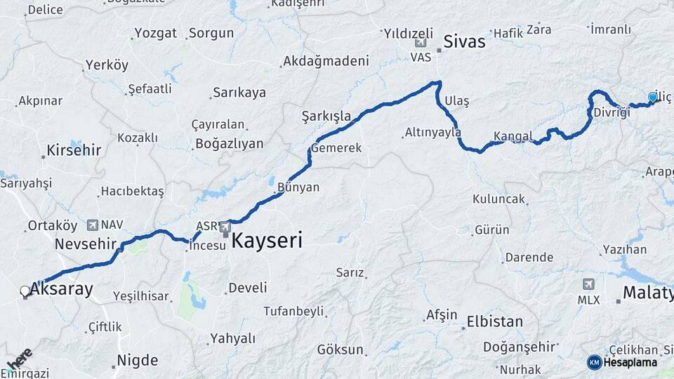 Erzincan İliç Aksaray Arası Kaç Km - Yol Haritası