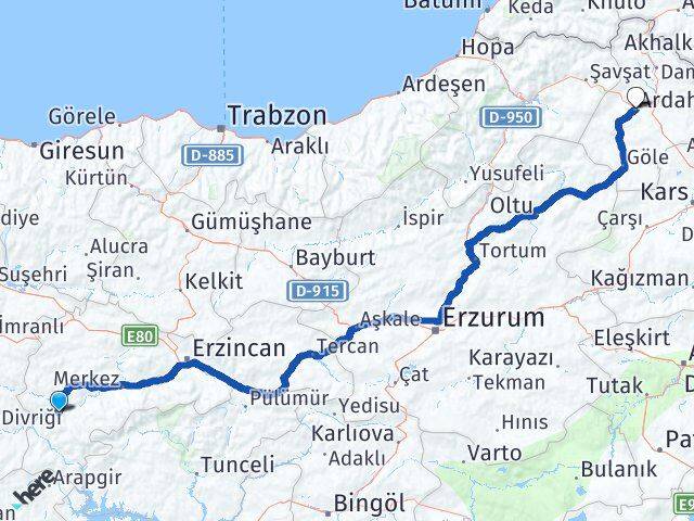 Erzincan İliç Ardahan Arası Kaç Km - Yol Haritası
