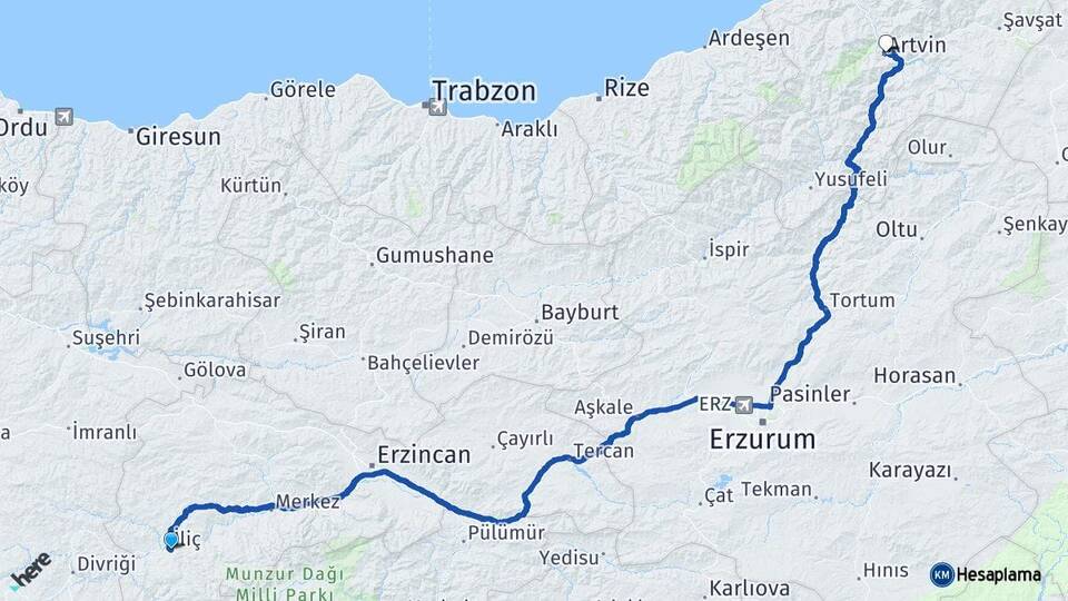Erzincan İliç Artvin Arası Kaç Km - Yol Haritası
