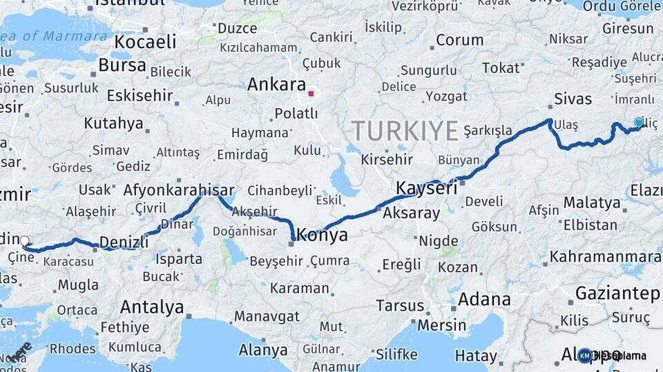 Erzincan İliç Aydın Arası Kaç Km - Yol Haritası