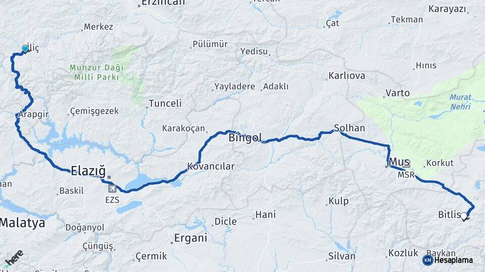 Erzincan İliç Bitlis Arası Kaç Km - Yol Haritası