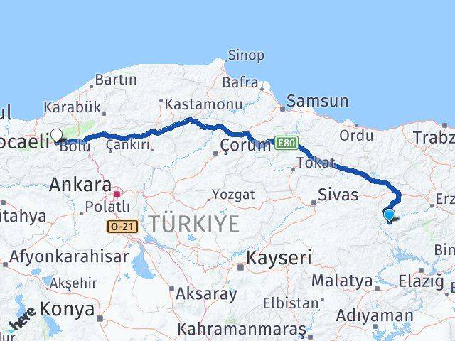 Erzincan İliç Bolu Arası Kaç Km - Yol Haritası