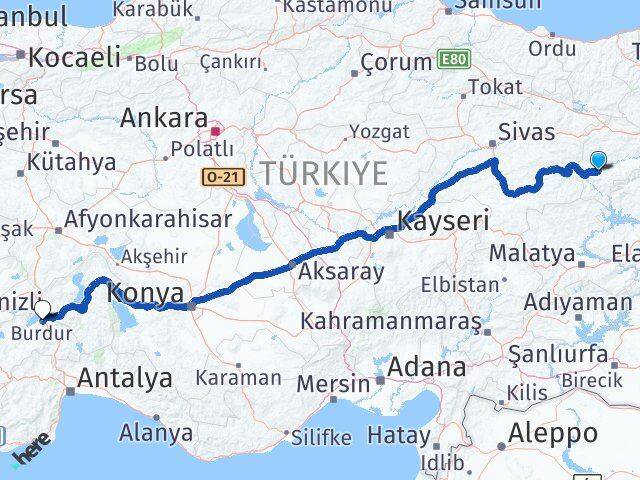 Erzincan İliç Burdur Arası Kaç Km - Yol Haritası