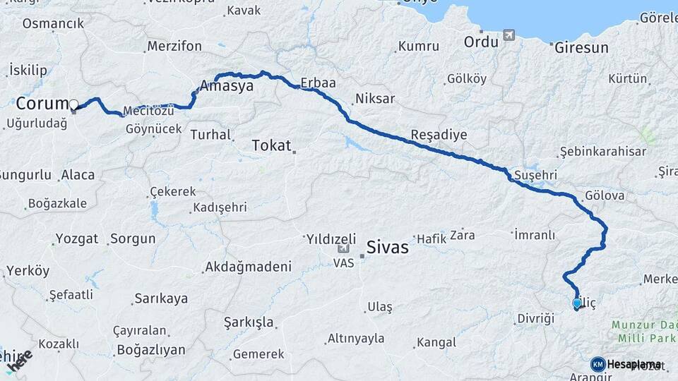 Erzincan İliç Çorum Arası Kaç Km - Yol Haritası