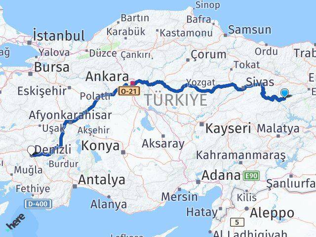 Erzincan İliç Denizli Arası Kaç Km - Yol Haritası