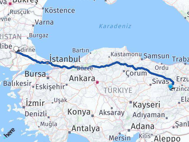 Erzincan İliç Edirne Arası Kaç Km - Yol Haritası