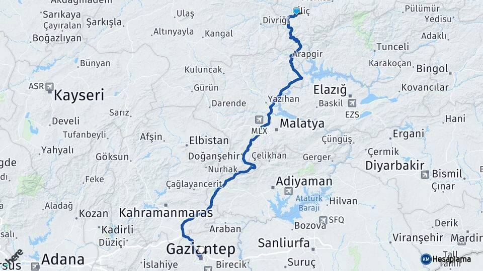 Erzincan İliç Gaziantep Arası Kaç Km - Yol Haritası