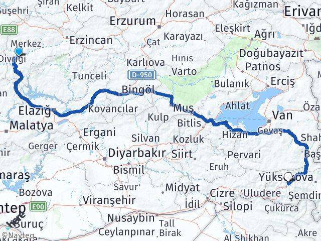Erzincan İliç Hakkari Arası Kaç Km - Yol Haritası