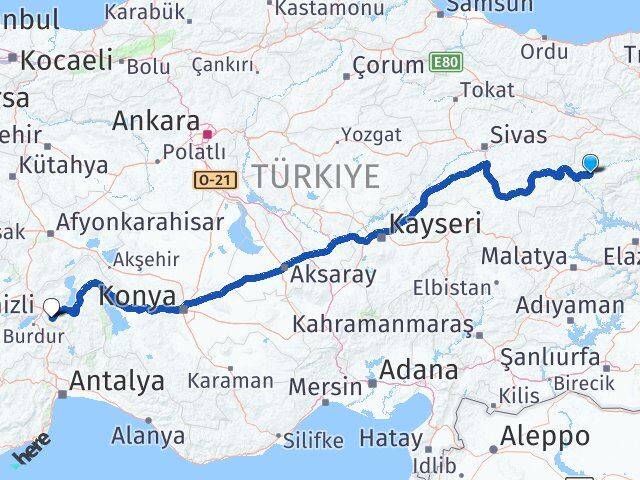 Erzincan İliç Isparta Arası Kaç Km - Yol Haritası