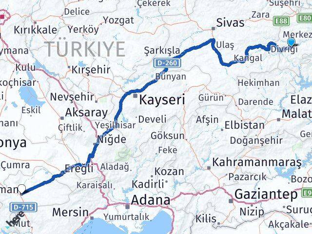 Erzincan İliç Karaman Arası Kaç Km - Yol Haritası