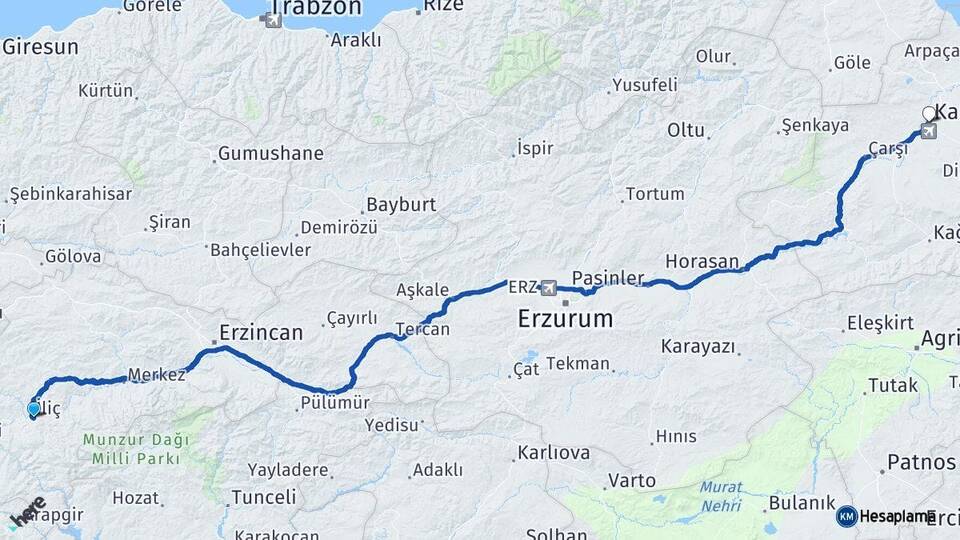 Erzincan İliç Kars Arası Kaç Km - Yol Haritası