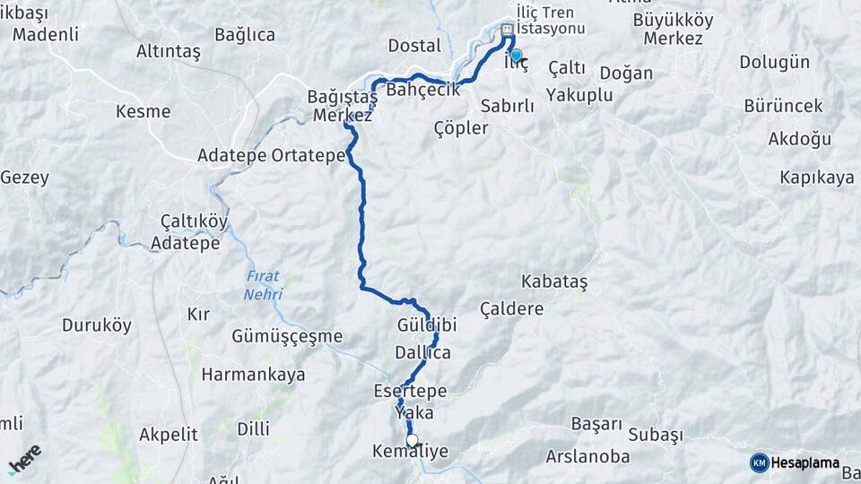 Erzincan İliç Kemaliye Arası Kaç Km - Yol Haritası