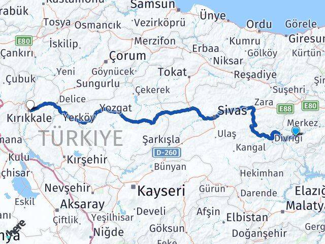 Erzincan İliç Kırıkkale Arası Kaç Km - Yol Haritası