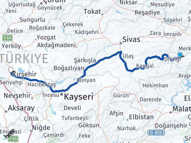 Erzincan İliç Kırşehir Arası Kaç Km - Yol Haritası