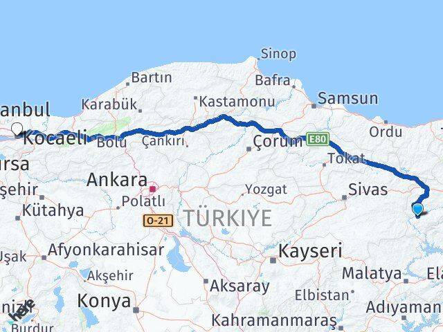 Erzincan İliç Kocaeli Arası Kaç Km - Yol Haritası