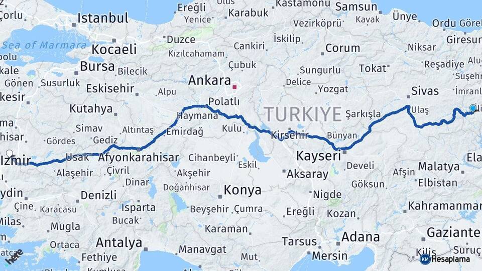 Erzincan İliç Manisa Arası Kaç Km - Yol Haritası