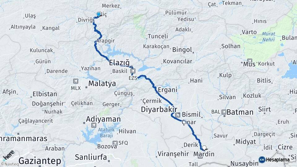 Erzincan İliç Mardin Arası Kaç Km - Yol Haritası