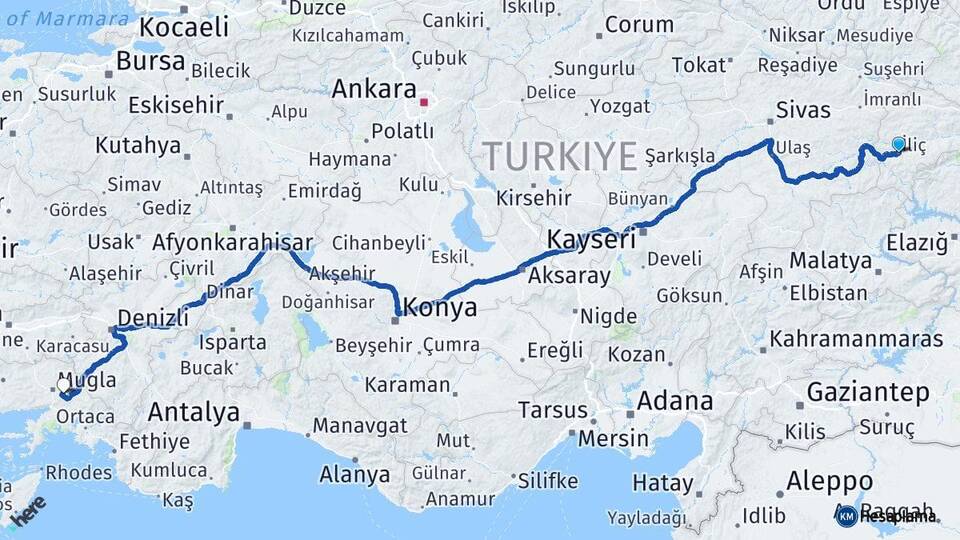 Erzincan İliç Muğla Arası Kaç Km - Yol Haritası