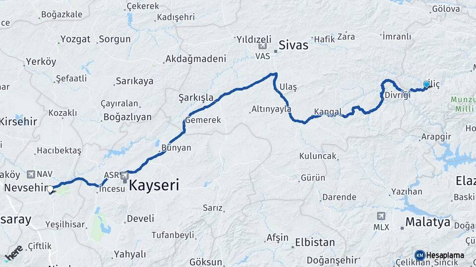 Erzincan İliç Nevşehir Arası Kaç Km - Yol Haritası