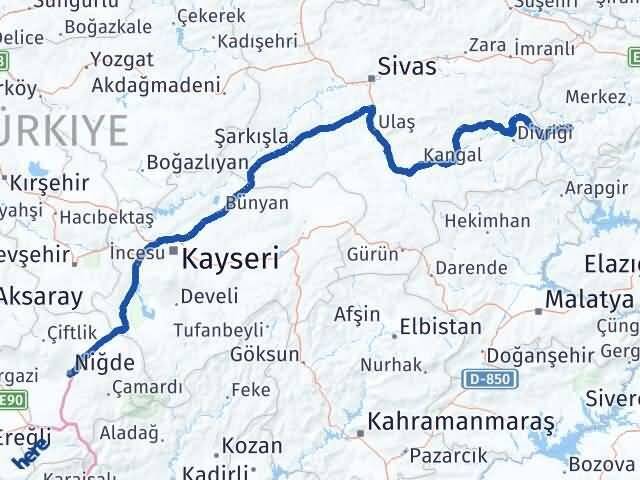 Erzincan İliç Niğde Arası Kaç Km - Yol Haritası