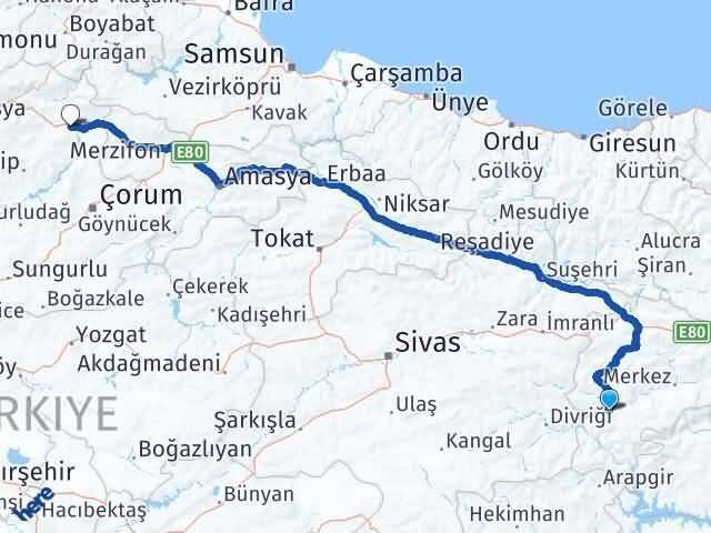 Erzincan İliç Osmancık Çorum Arası Kaç Km - Yol Haritası