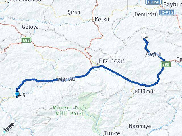 Erzincan İliç Otlukbeli Arası Kaç Km - Yol Haritası