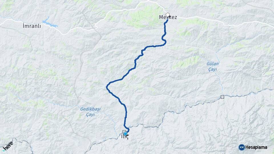 Erzincan İliç Refahiye Arası Kaç Km - Yol Haritası