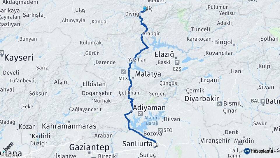 Erzincan İliç Şanlıurfa Arası Kaç Km - Yol Haritası