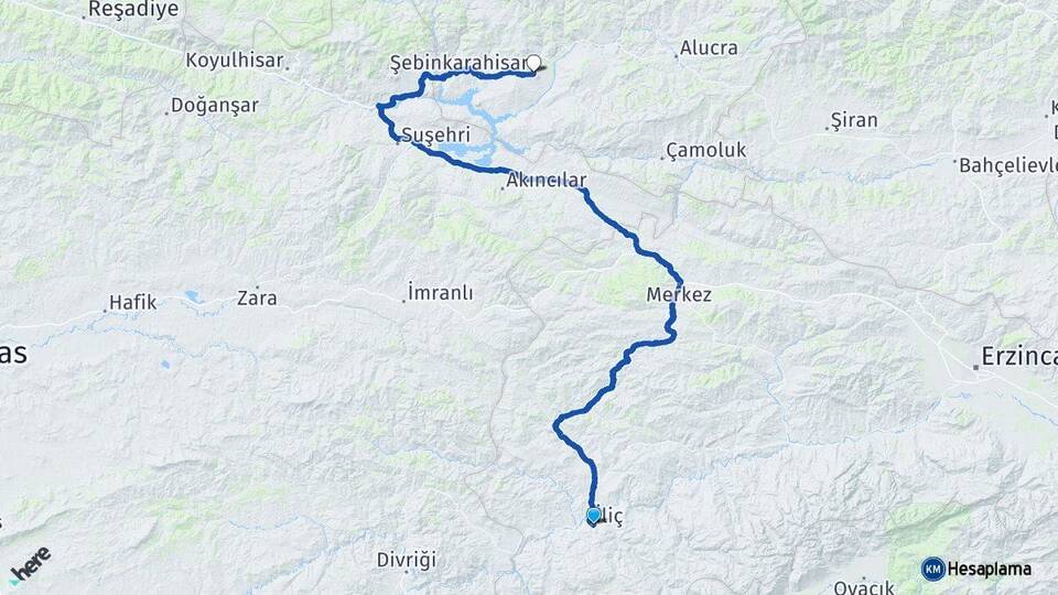 Erzincan İliç Şebinkarahisar Giresun Arası Kaç Km - Yol Haritası