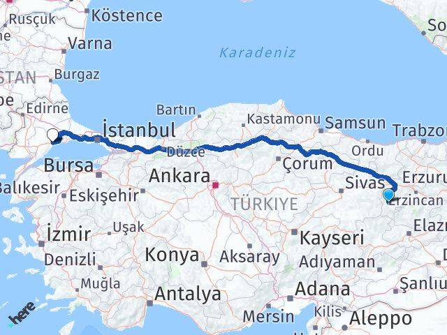 Erzincan İliç Tekirdağ Arası Kaç Km - Yol Haritası