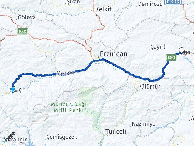 Erzincan İliç Tercan Arası Kaç Km - Yol Haritası