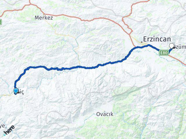 Erzincan İliç Üzümlü Arası Kaç Km - Yol Haritası