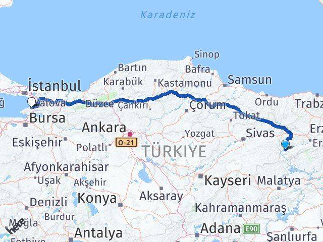 Erzincan İliç Yalova Arası Kaç Km - Yol Haritası