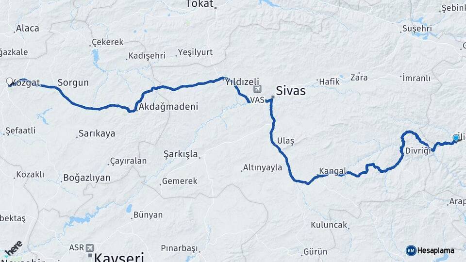 Erzincan İliç Yozgat Arası Kaç Km - Yol Haritası