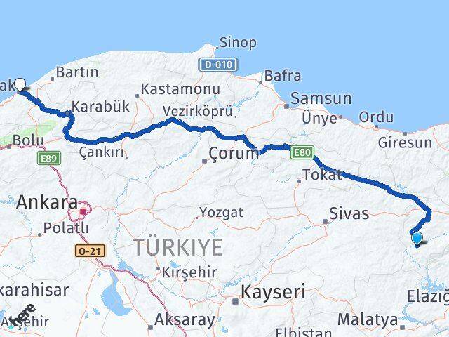 Erzincan İliç Zonguldak Arası Kaç Km - Yol Haritası