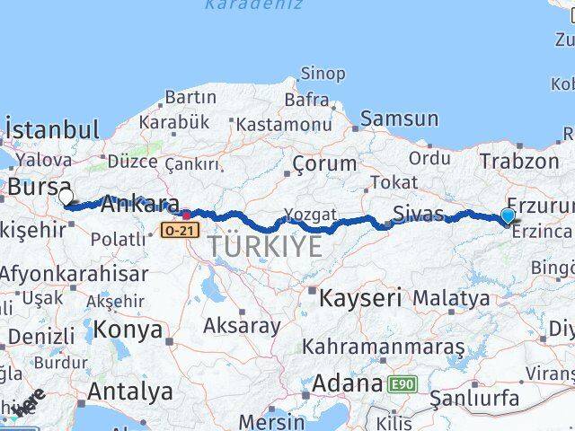 Erzincan İnhisar Bilecik Arası Kaç Km - Yol Haritası