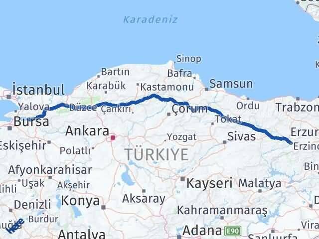 Erzincan İznik Bursa Arası Kaç Km - Yol Haritası