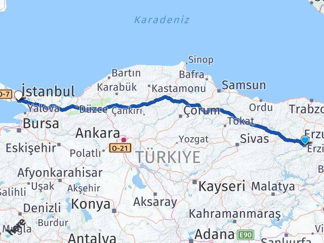 Erzincan Kadıköy İstanbul Arası Kaç Km - Yol Haritası