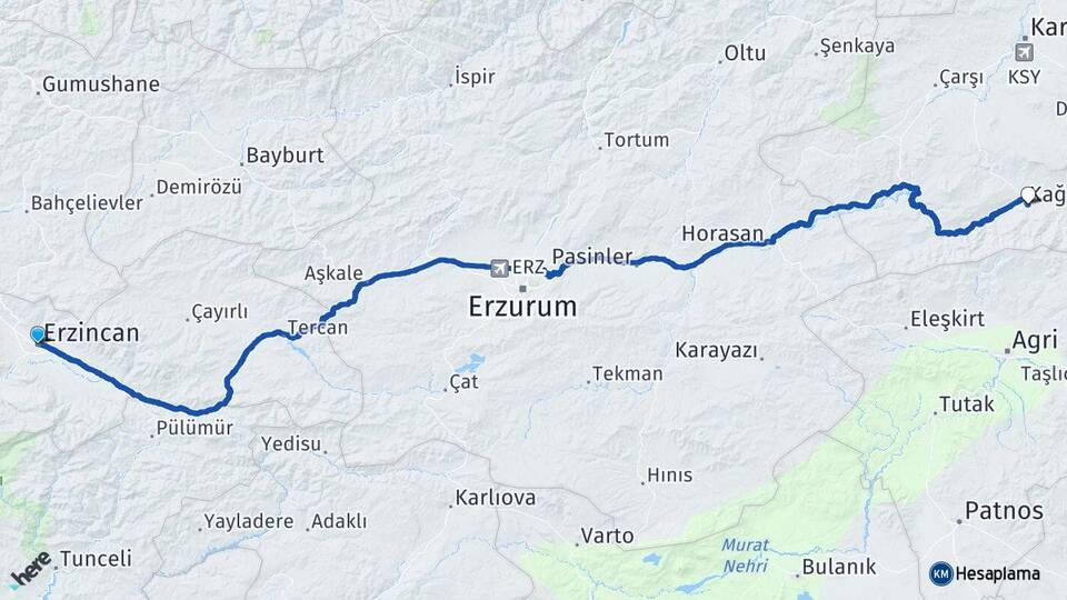 Erzincan Kağızman Kars Arası Kaç Km - Yol Haritası