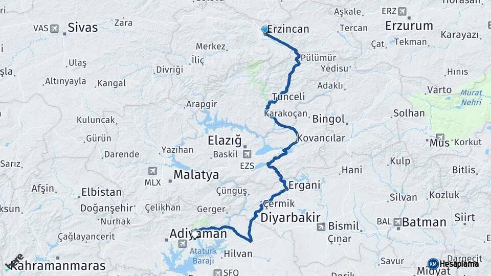 Erzincan Kahta Adıyaman Arası Kaç Km - Yol Haritası
