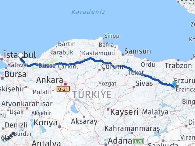 Erzincan Kandıra Kocaeli Arası Kaç Km - Yol Haritası