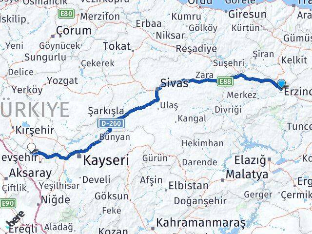 Erzincan Kapadokya Havalimanı Arası Kaç Km - Yol Haritası