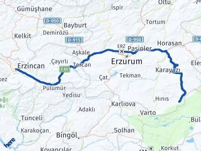 Erzincan Karaçoban Erzurum Arası Kaç Km - Yol Haritası