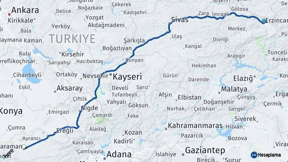 Erzincan Karaman Arası Kaç Km - Yol Haritası